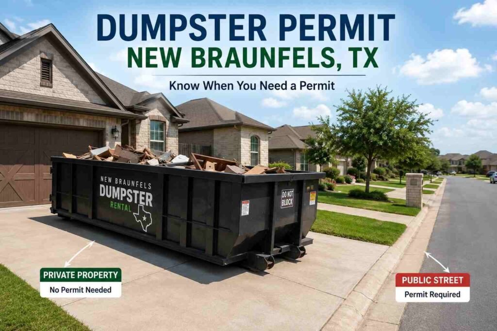 Dumpster placed in a residential driveway in New Braunfels Texas