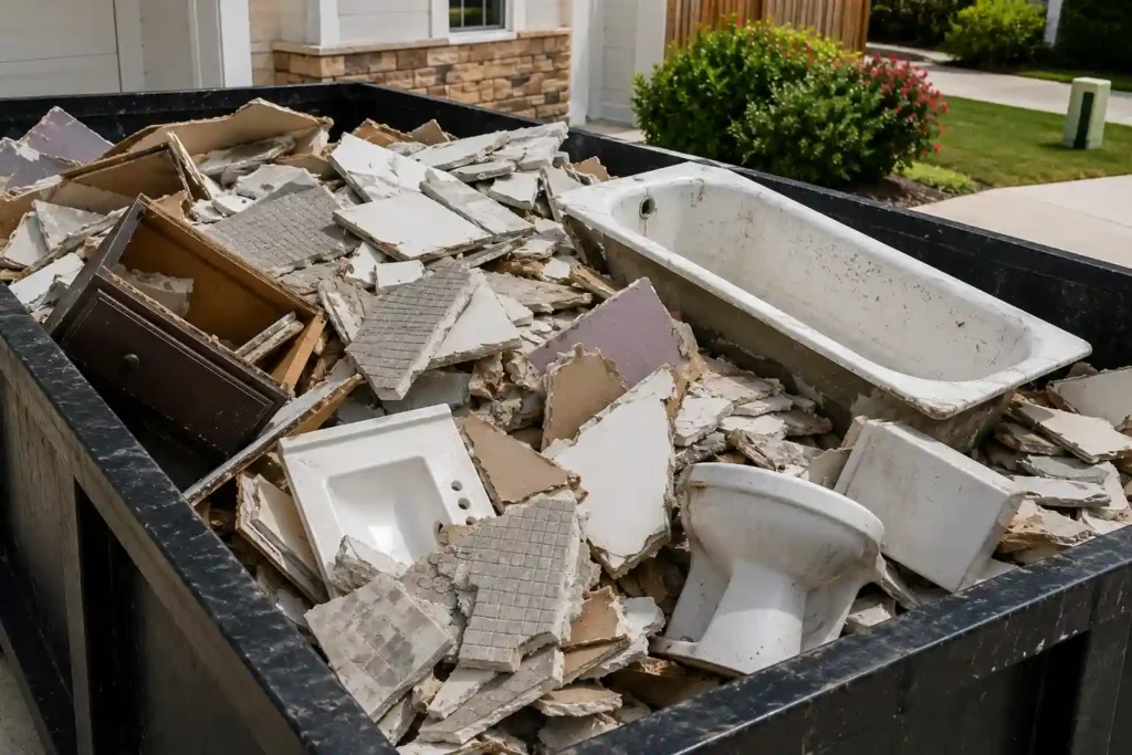 Bathroom demolition debris including tile drywall and fixtures in a dumpster