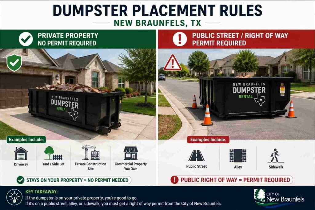 Dumpster permit requirements for private property versus public street in New Braunfels