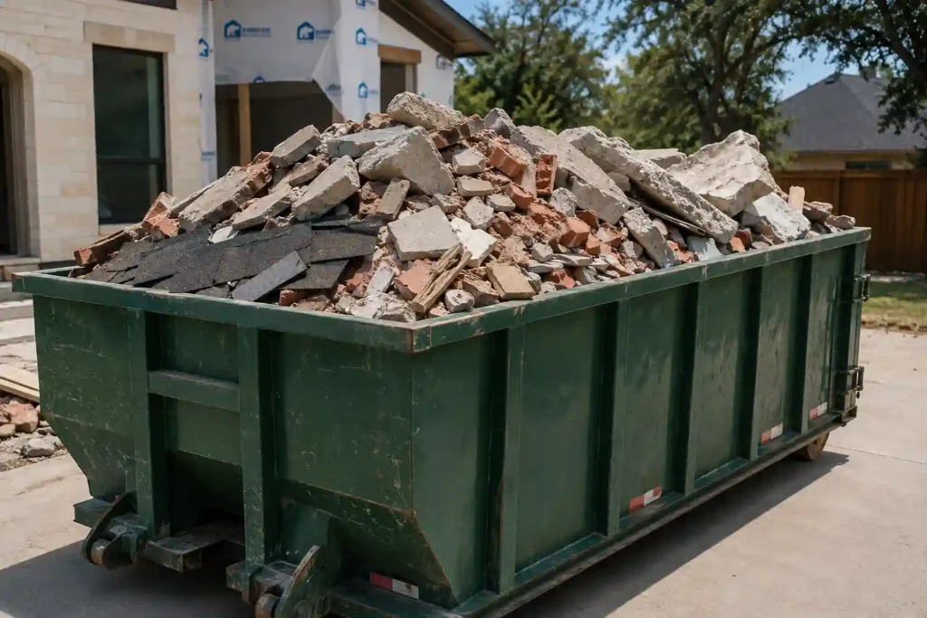 Roll-off dumpster filled with heavy construction debris