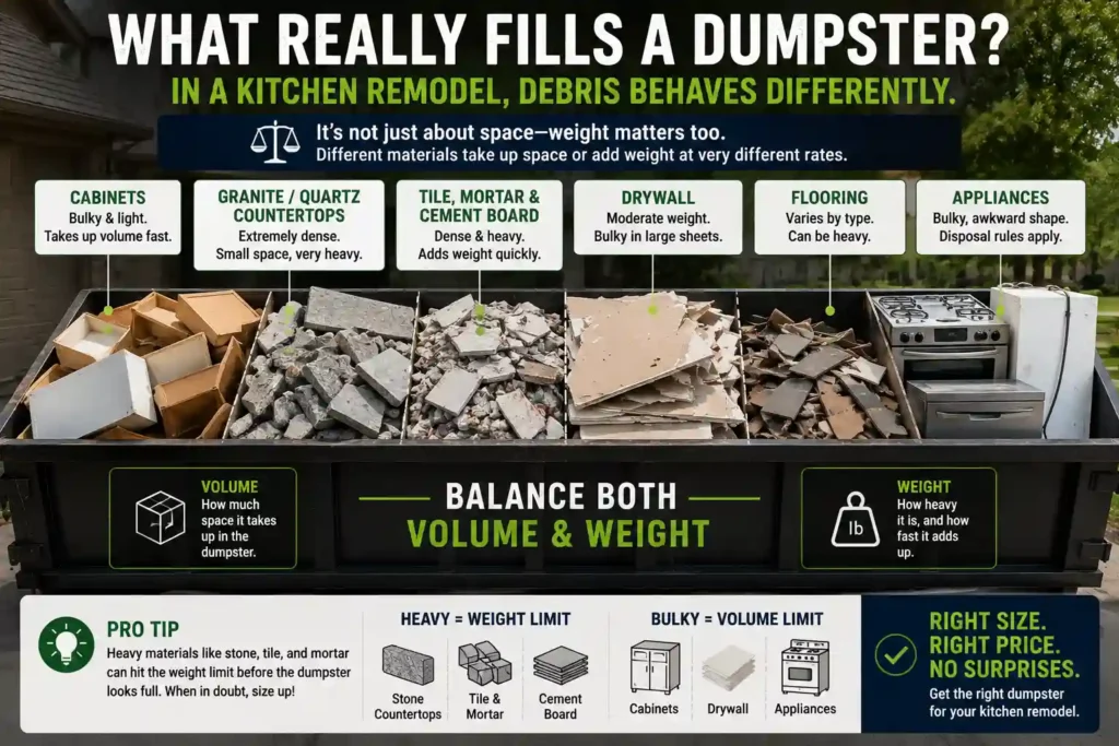 Kitchen remodel debris showing dumpster weight and volume considerations