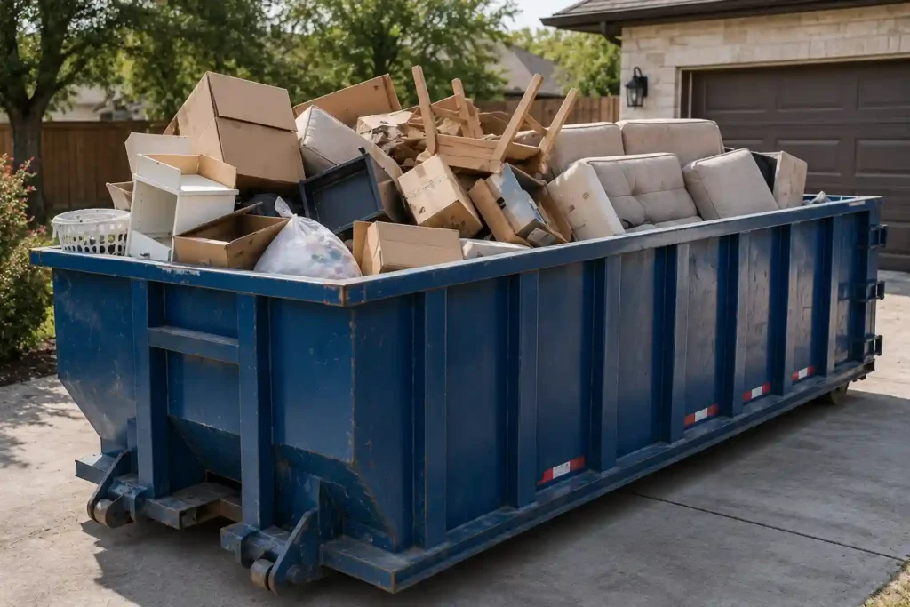 Dumpster filled with light bulky household debris