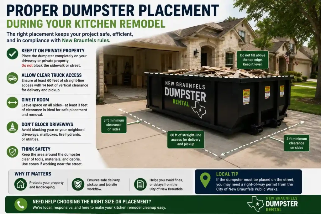 Proper dumpster placement during a kitchen remodel in New Braunfels