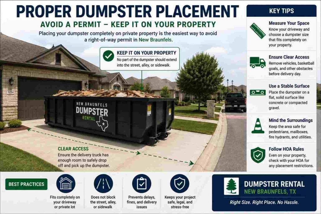 Proper dumpster placement on a New Braunfels residential driveway