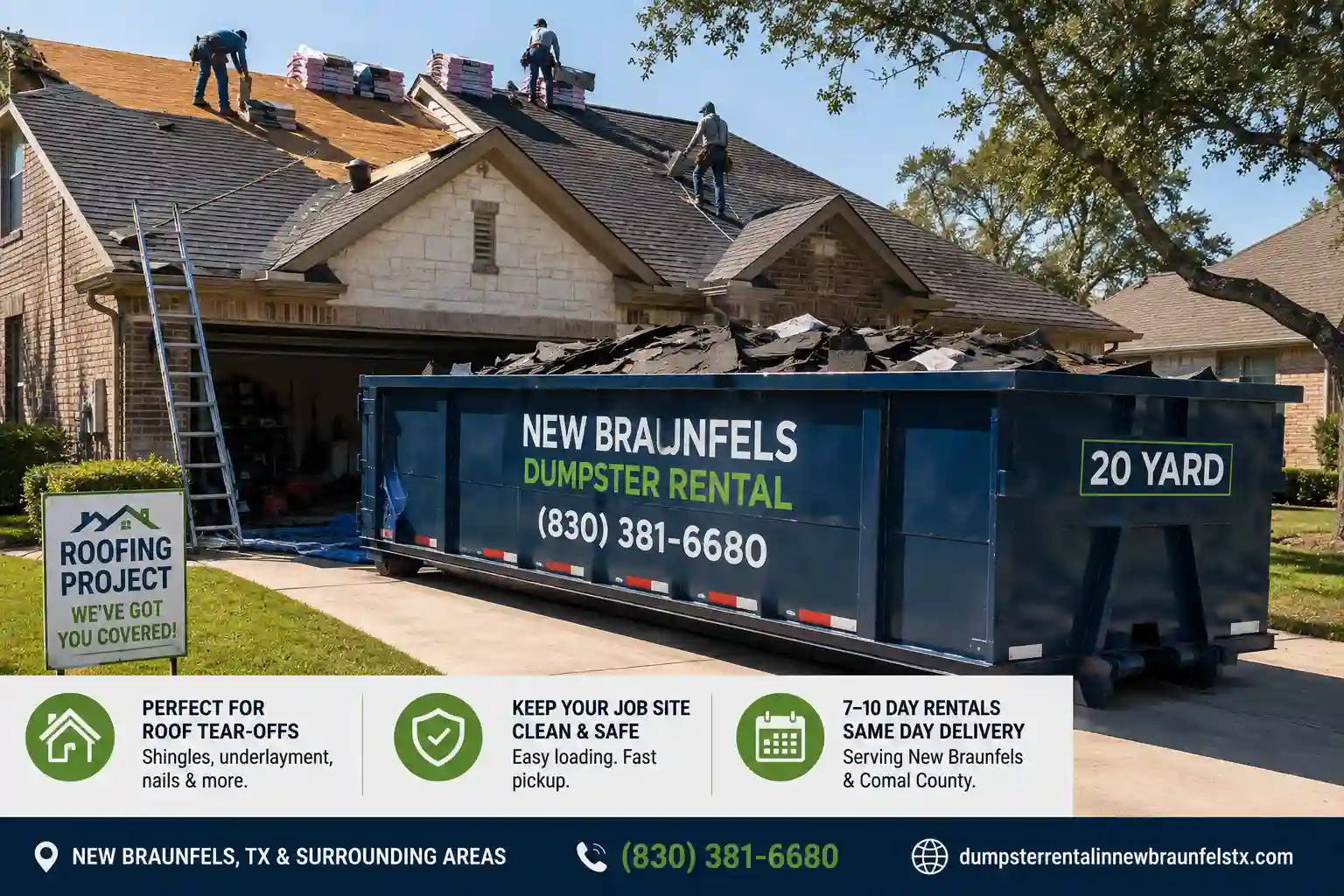 Roofing dumpster rental in New Braunfels TX for asphalt shingle tear off